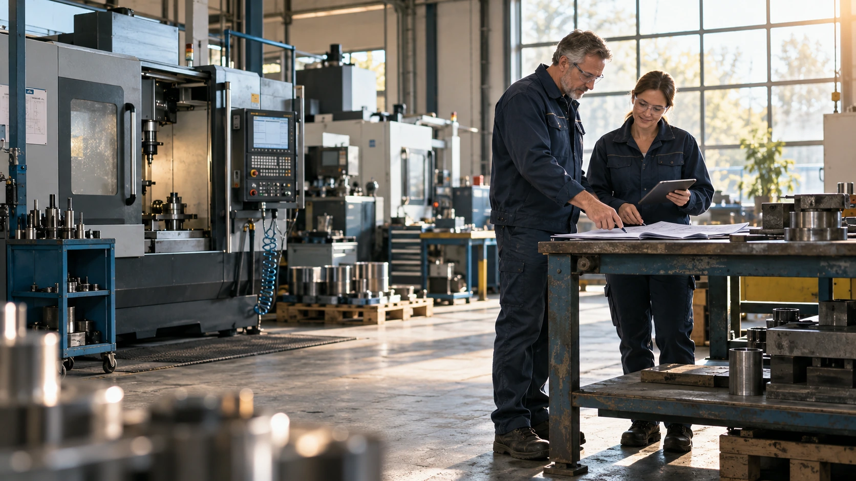 Illustrative Beratungssituation in einer Fertigungshalle: Fachleute besprechen Unterlagen.
