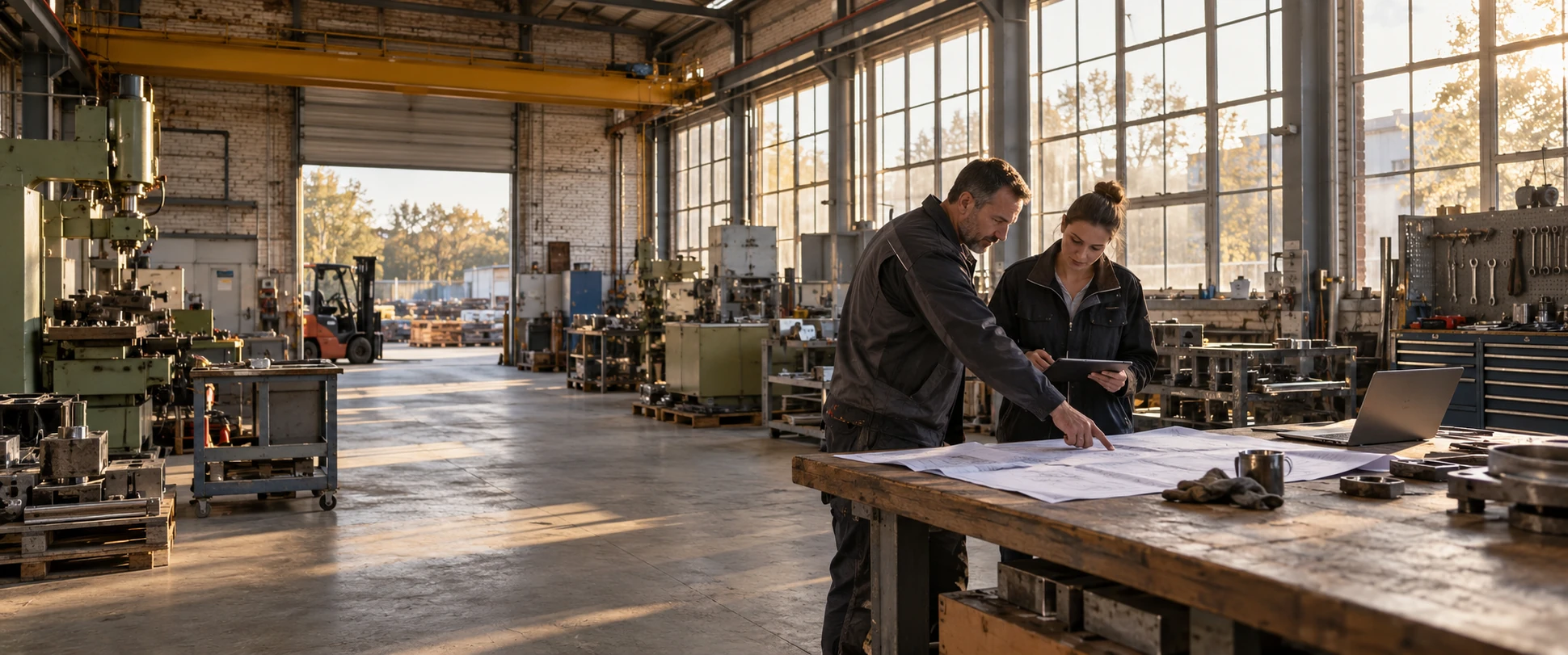Illustrative gemeinsame Prüfung von Projekt- und Energieunterlagen in einem Industriebetrieb.