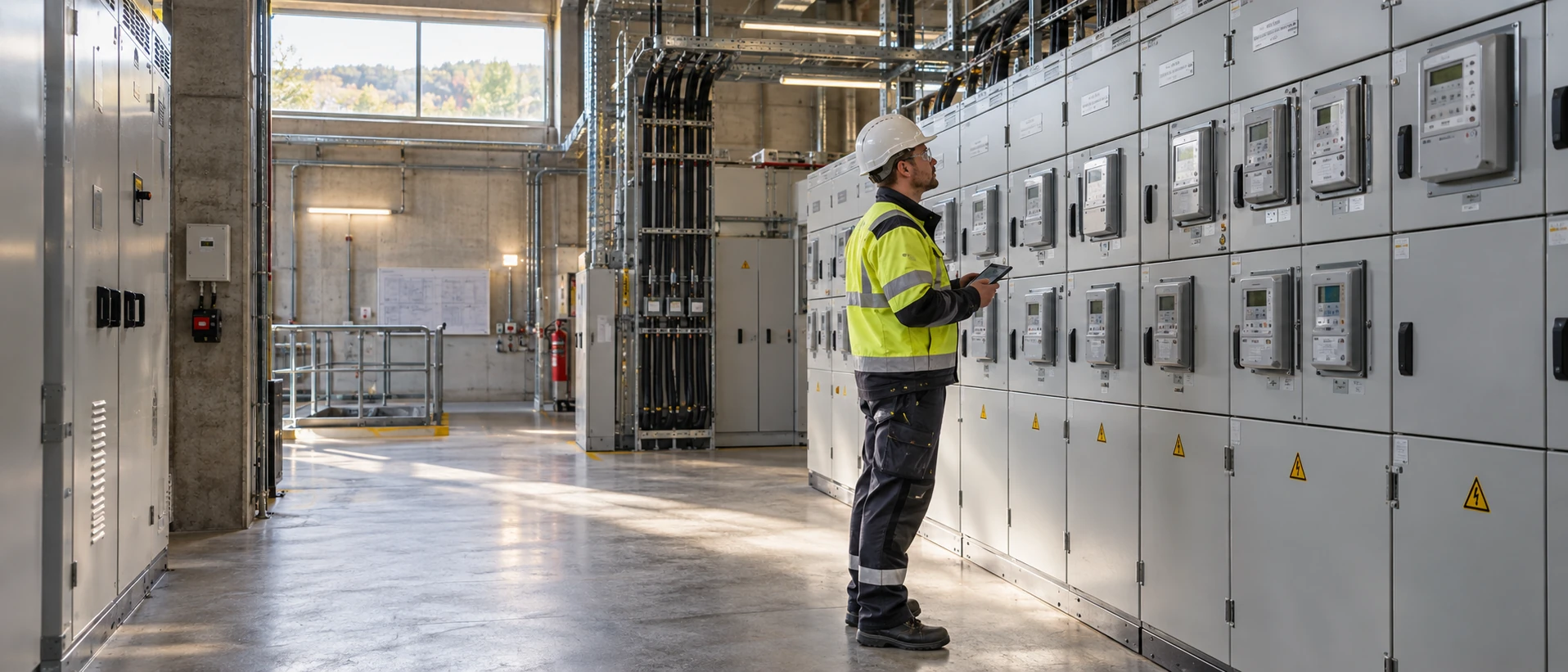Illustrative Prüfung einer elektrischen Mess- und Schaltanlage im Industriebetrieb.