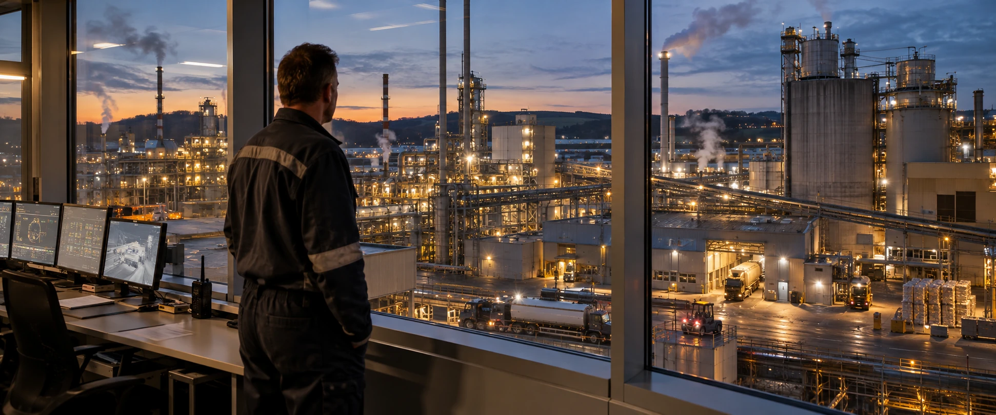 Illustrative fortwährende Begleitung: Betrieb und Steuerung einer Fabrik am Abend.