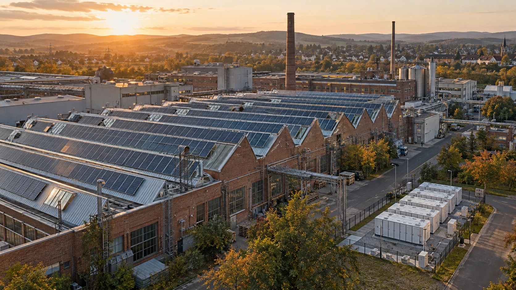 Illustrative Industriebetriebsstätte mit Photovoltaik und Batteriespeichern im Abendlicht.